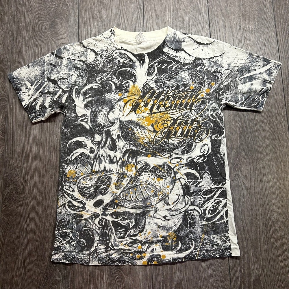 Vintage Y2K Miami Ink Shirt Mens Medium White Skull Snake Splatter Streetwear